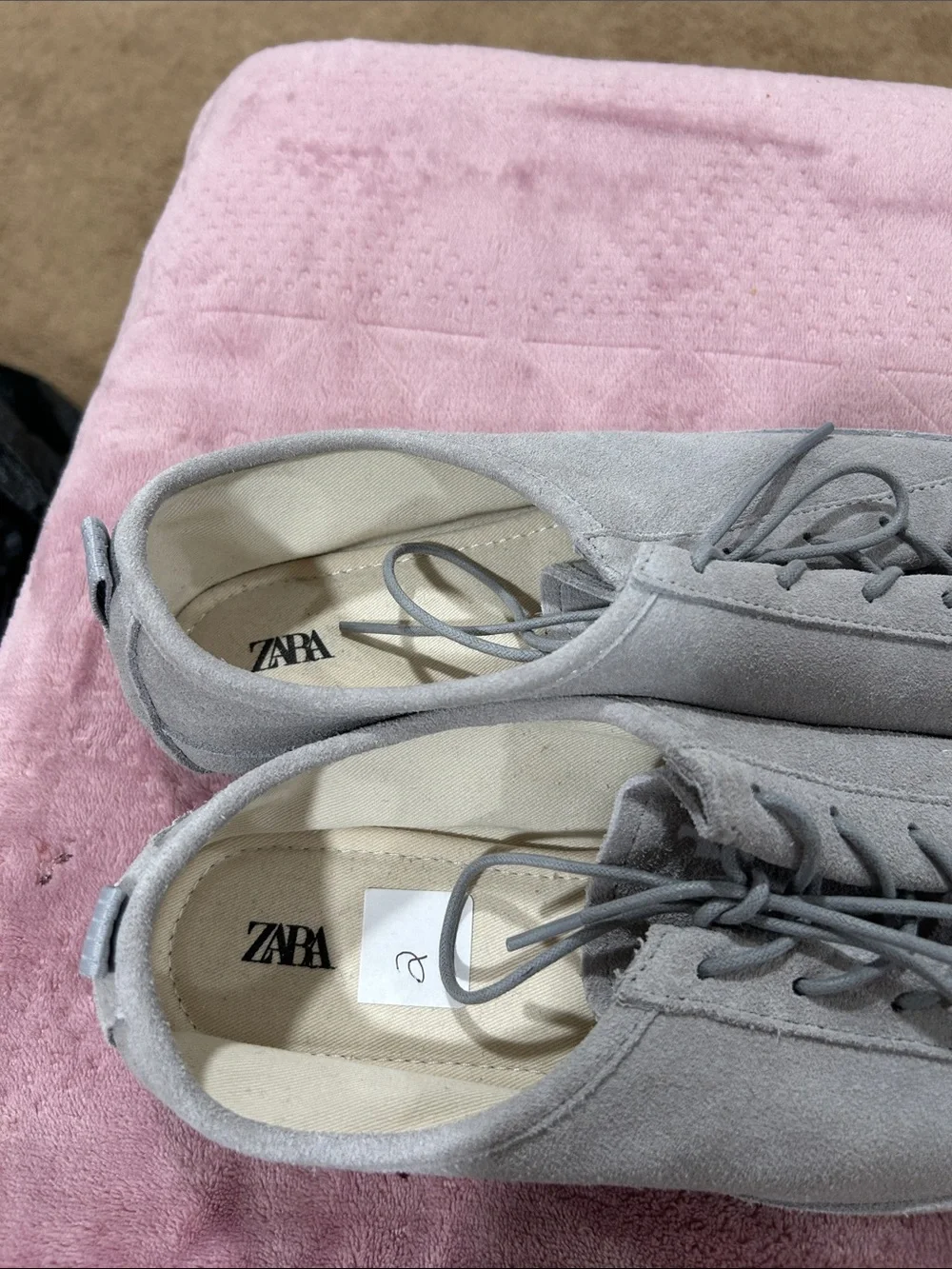 Zara Light Gray Suede Lace-Up Flats with Rounded Toe